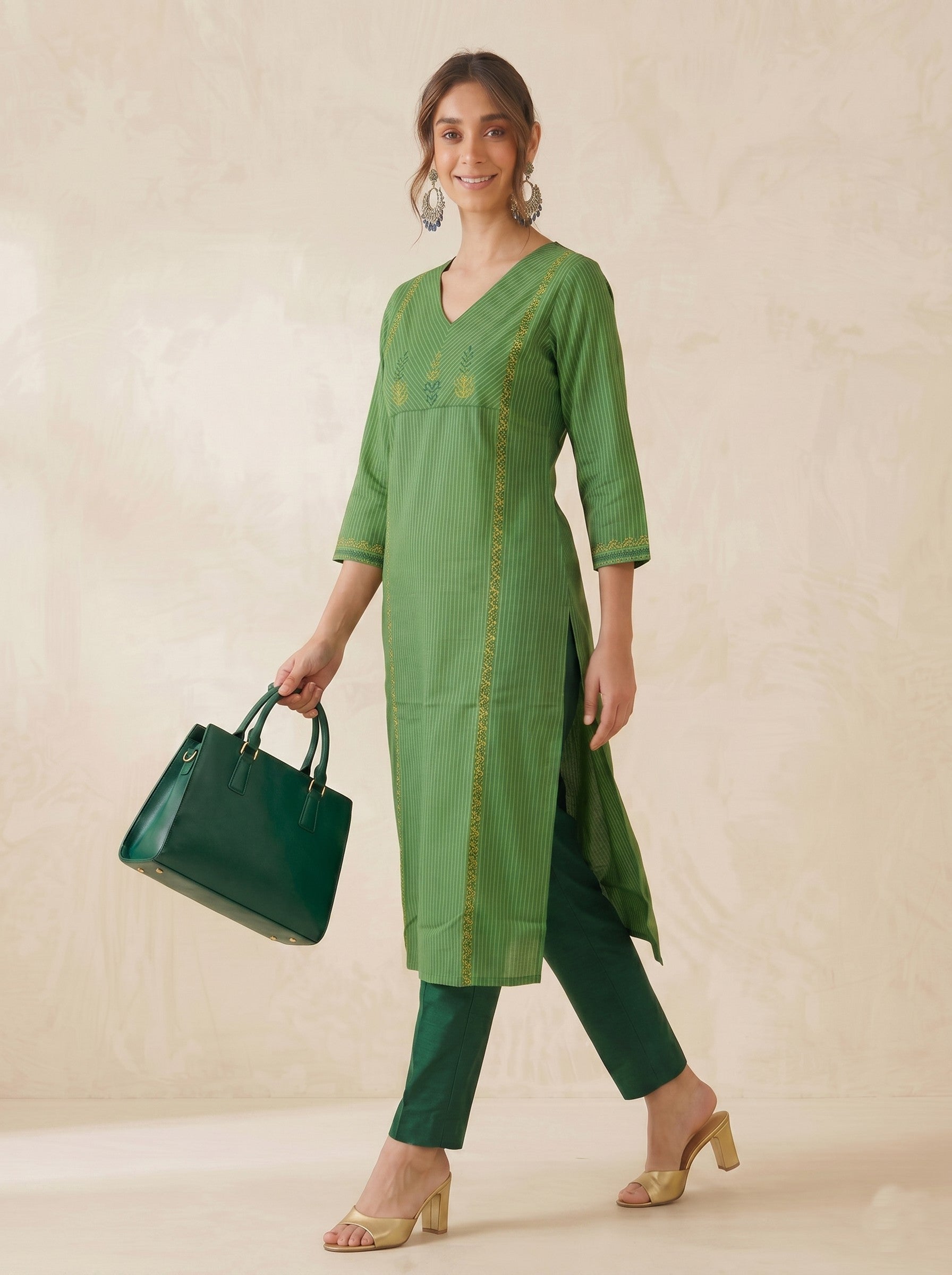 Straight Fit Princess Dobby Kurta with Dual Color Block Print and Stripe Detail.