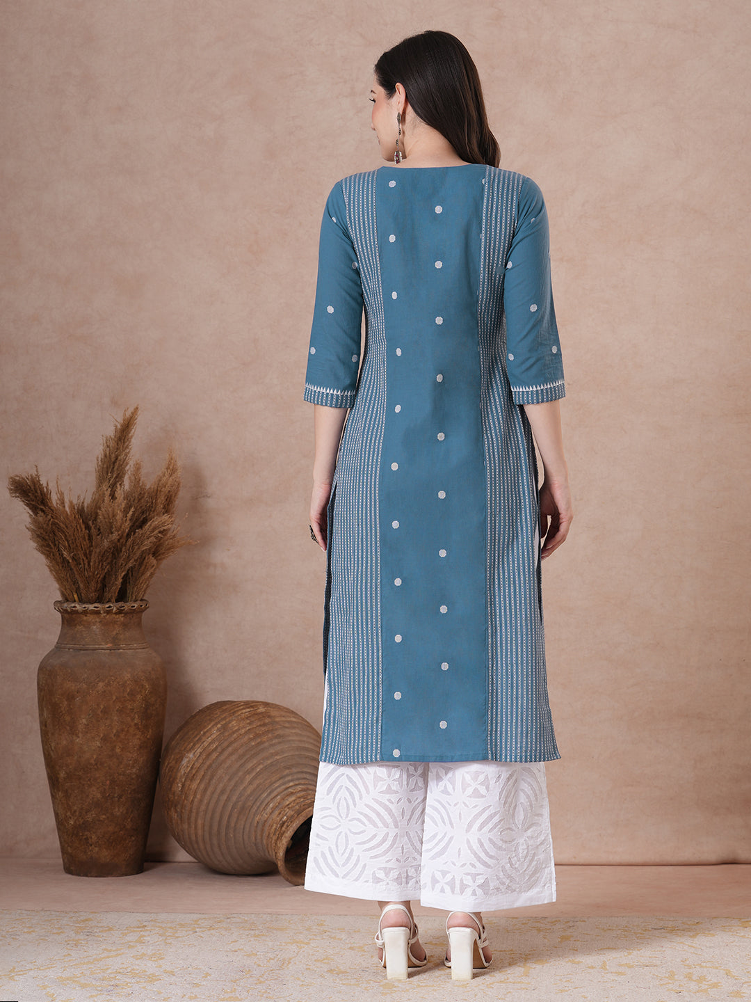 Panelled Dobby Kurta with Mirror Work on Center Seam.