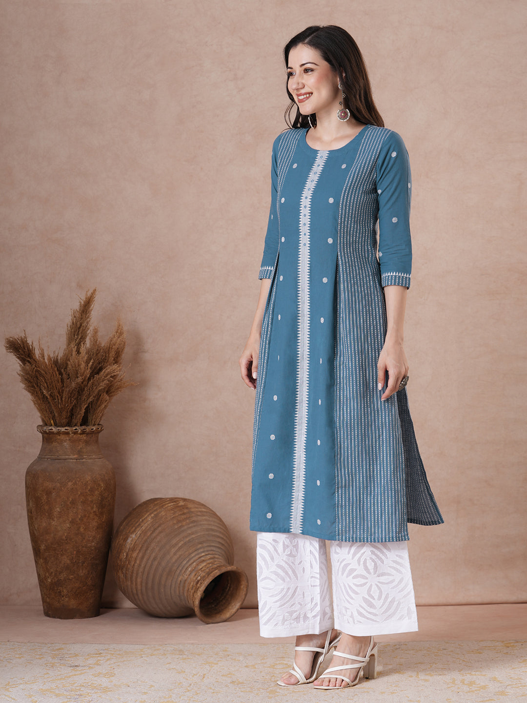 Cotton Panelled A-Line Dobby Kurta with Mirror Work on Center Seam