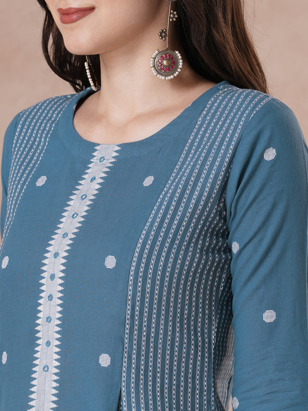 Cotton Panelled A-Line Dobby Kurta with Mirror Work on Center Seam