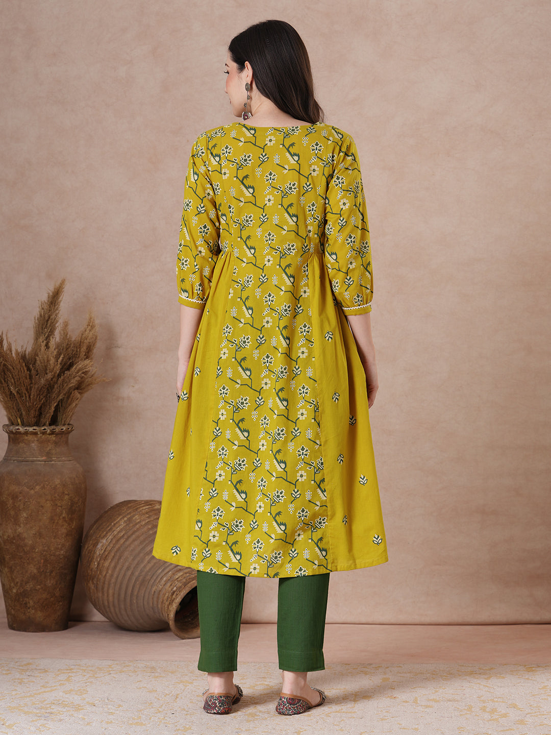 Printed A-Line Princess Kurta with Mirror Work on Neckline.