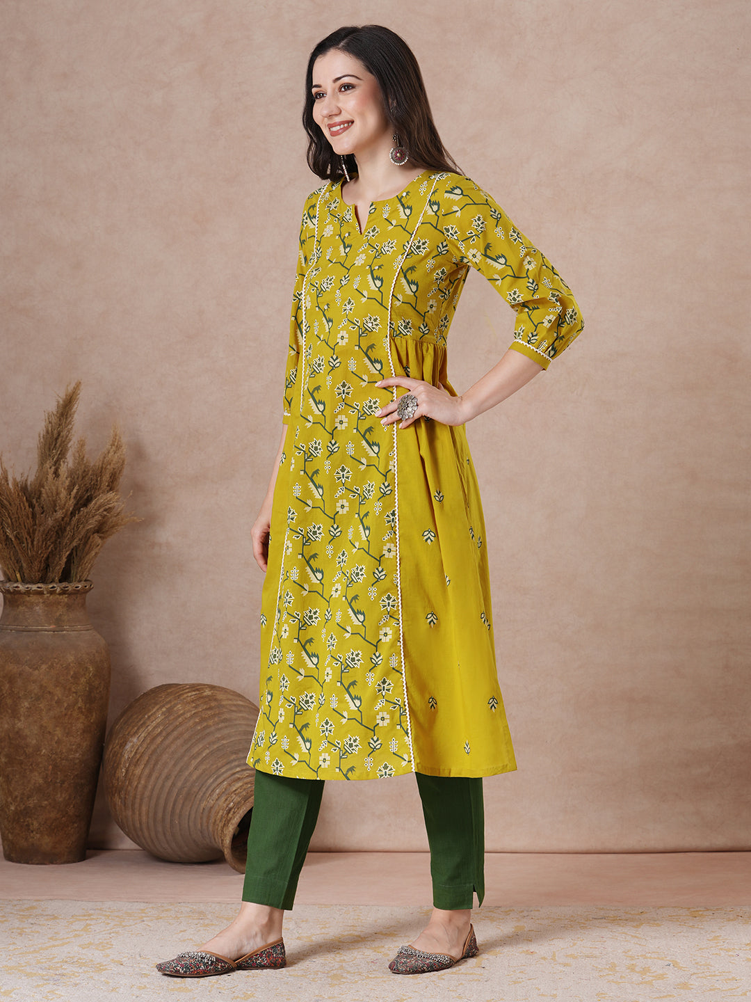 JOYLAND-A-Line Cotton Kurta with Printed Design and Mirror Work Neck Accent