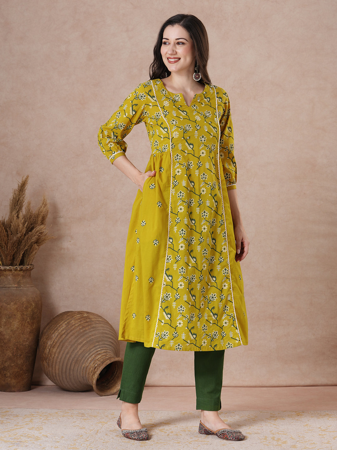 JOYLAND-A-Line Cotton Kurta with Printed Design and Mirror Work Neck Accent