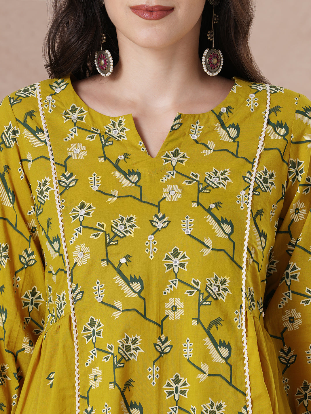 JOYLAND-A-Line Cotton Kurta with Printed Design and Mirror Work Neck Accent
