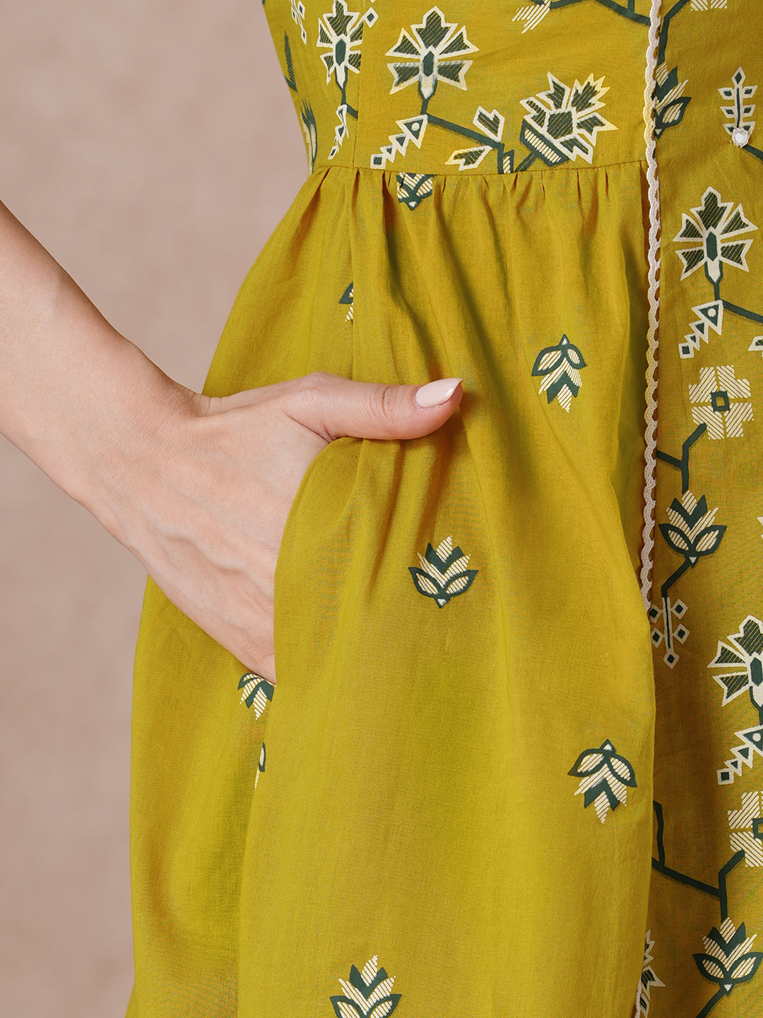 JOYLAND-A-Line Cotton Kurta with Printed Design and Mirror Work Neck Accent