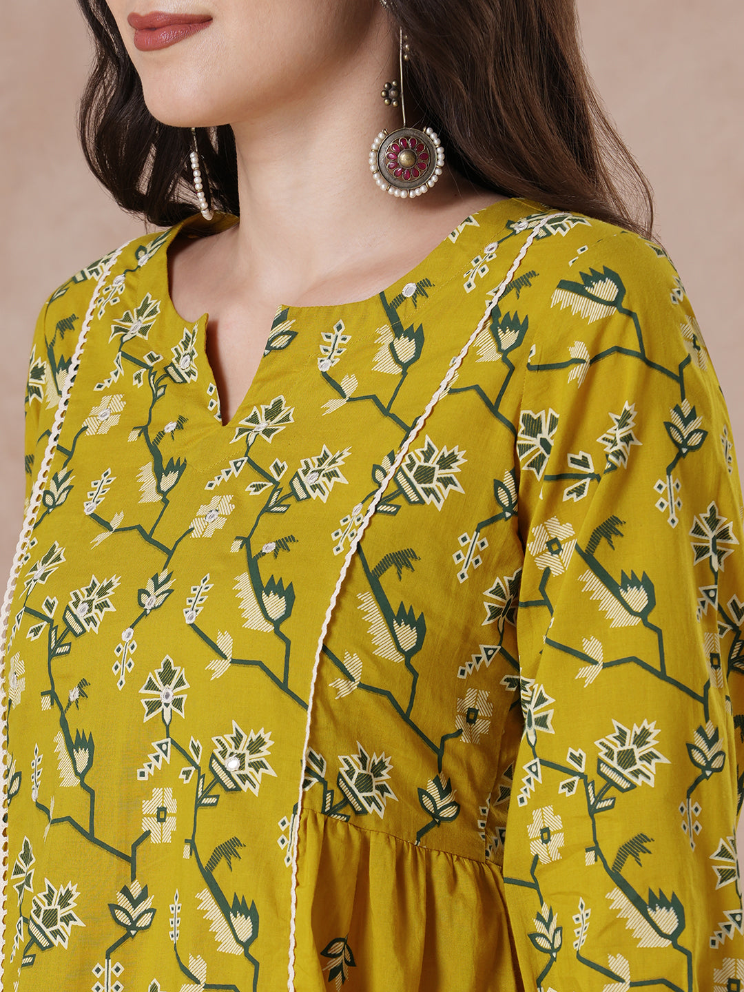 JOYLAND-A-Line Cotton Kurta with Printed Design and Mirror Work Neck Accent