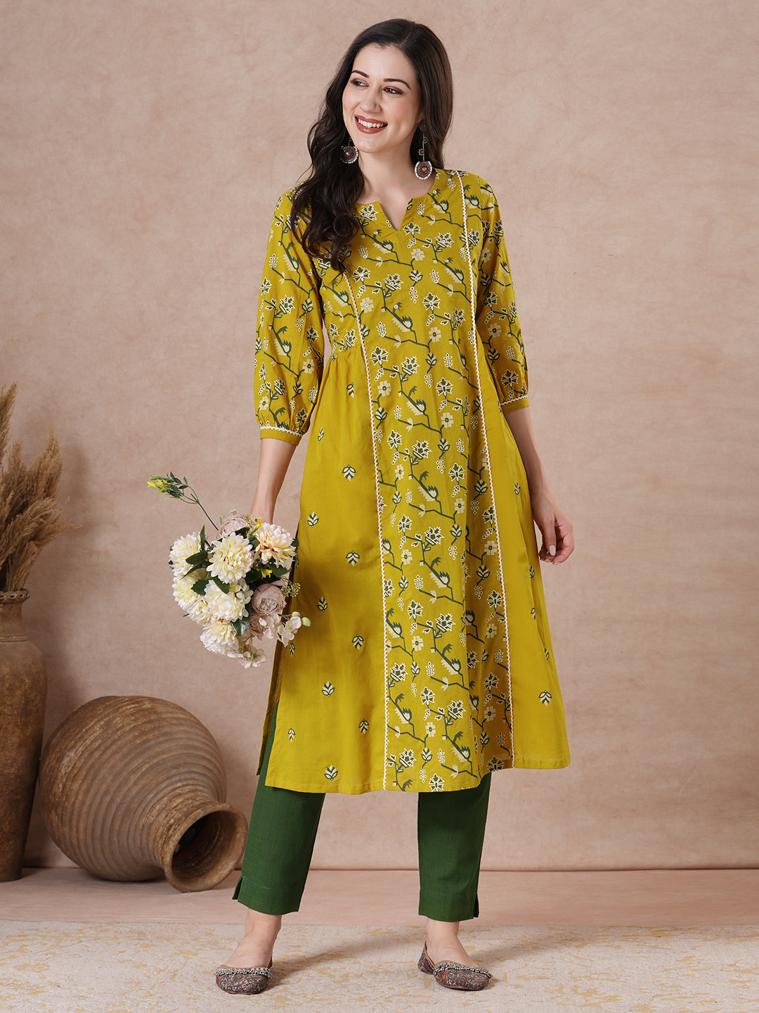 JOYLAND-A-Line Cotton Kurta with Printed Design and Mirror Work Neck Accent