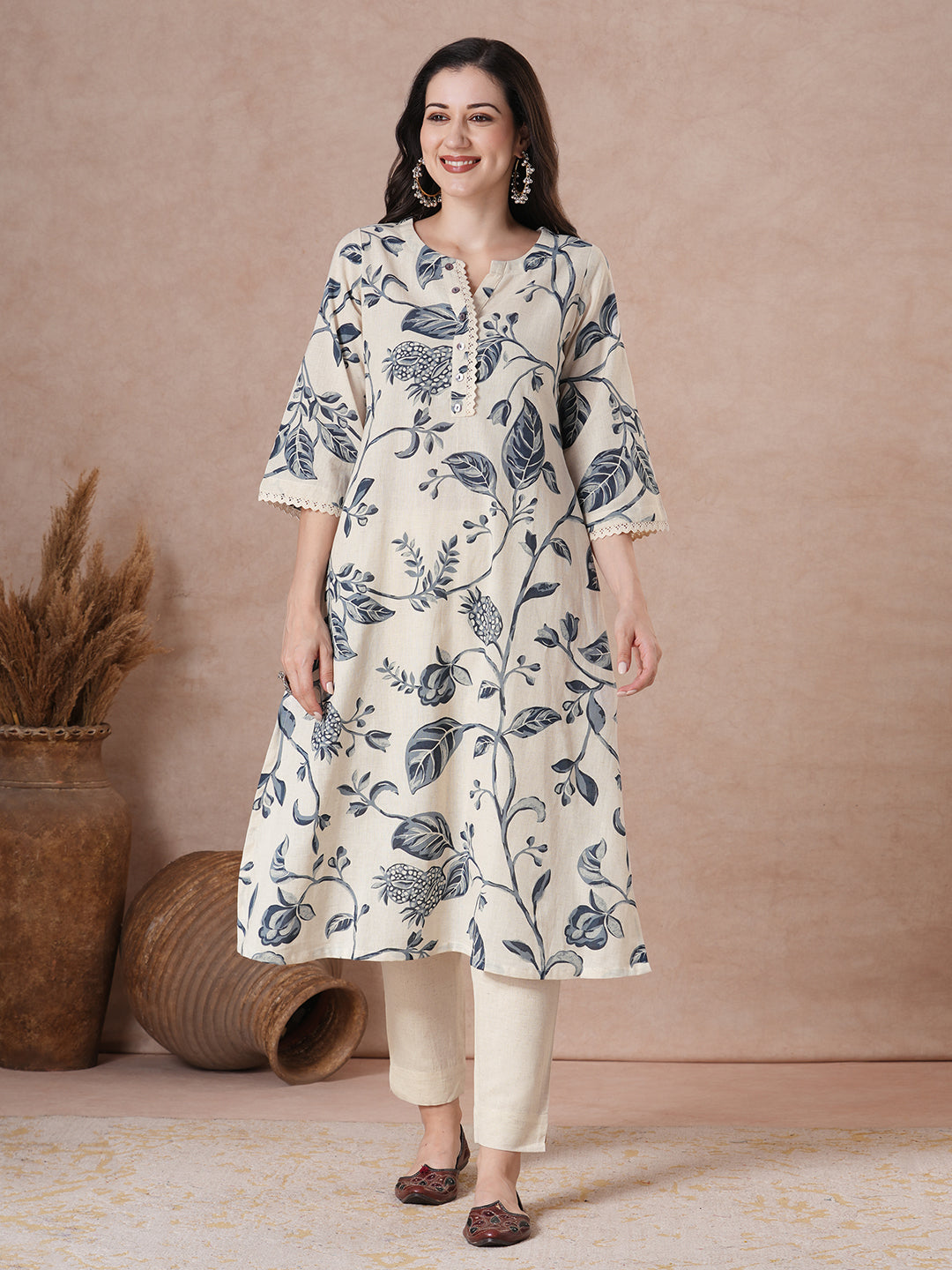 Botanical Print A-Line Flex Kurta with Lace & Bell Sleeves.