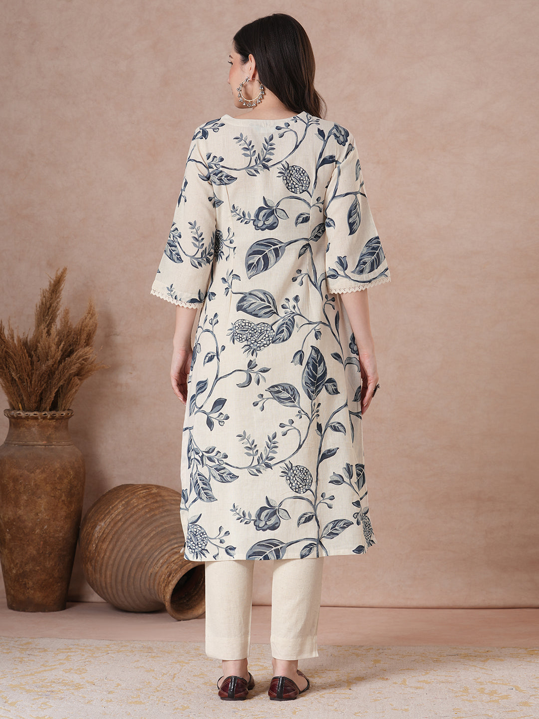 Botanical Print A-Line Flex Kurta with Lace & Bell Sleeves.