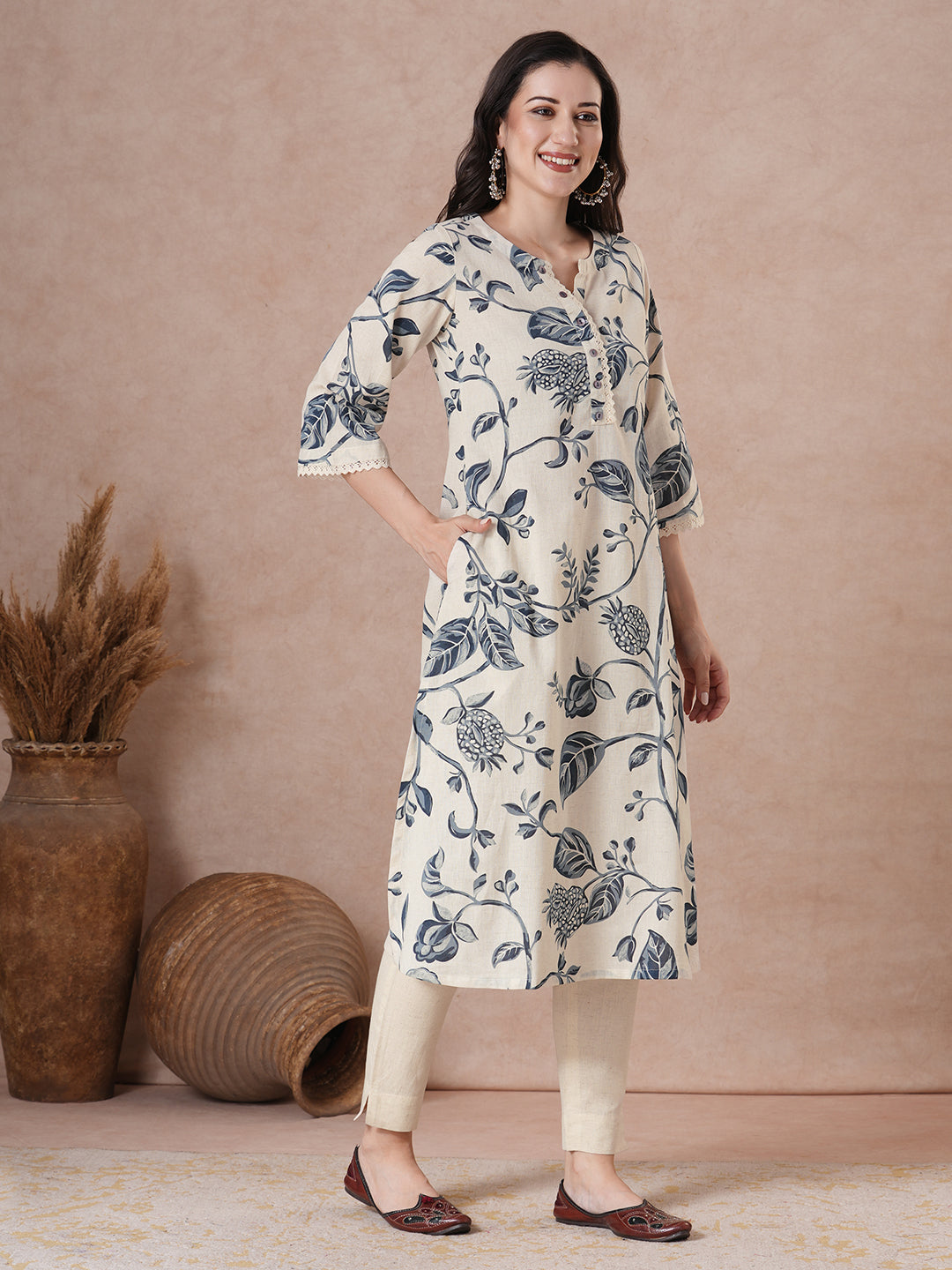 JOYLAND - A-Line Cotton Flex Kurta with Botanical Print, Lace Accents and Bell Sleeves