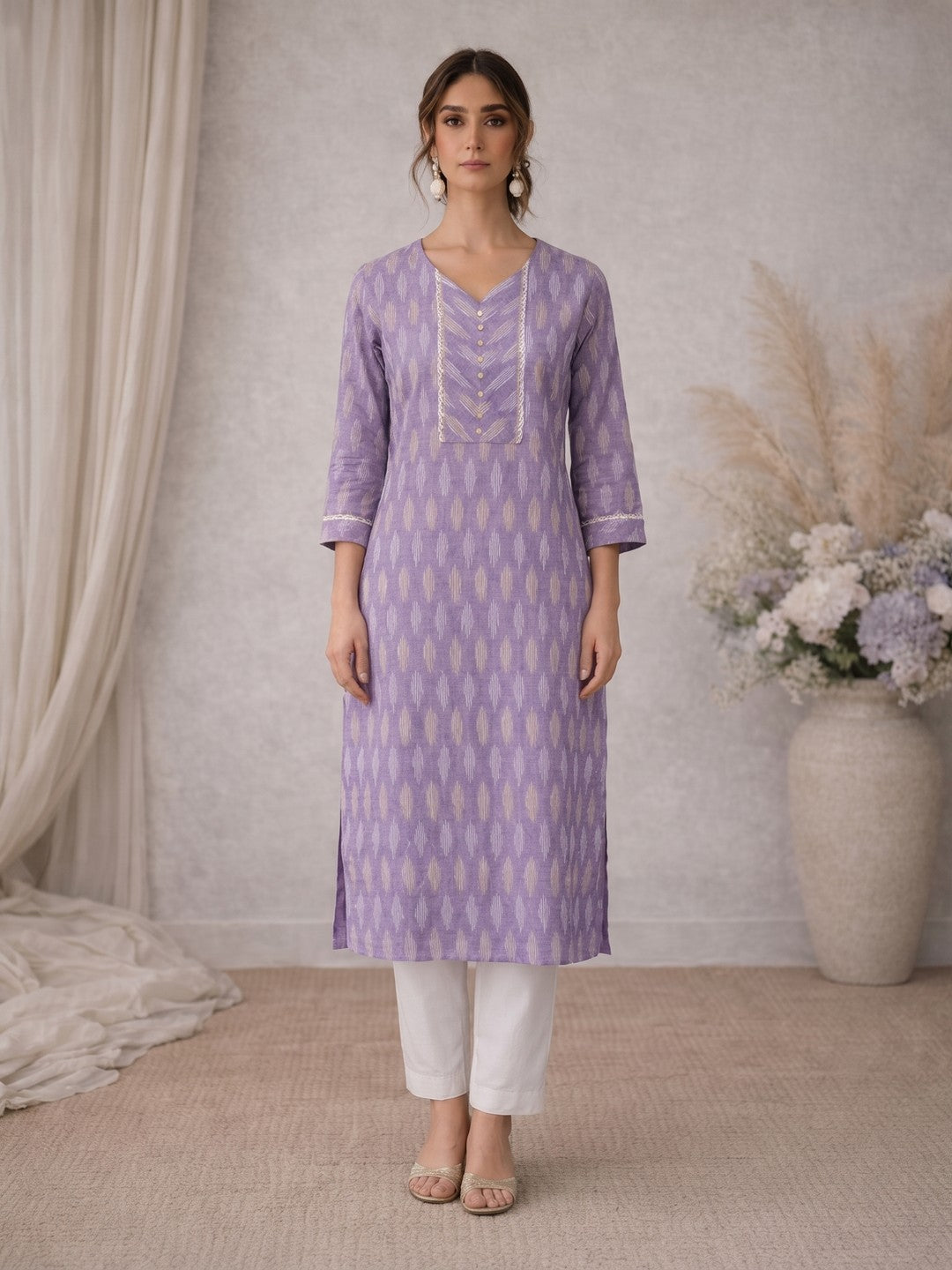 Cotton Ikat fabric straight kurta with woven stripe piping and handwork.