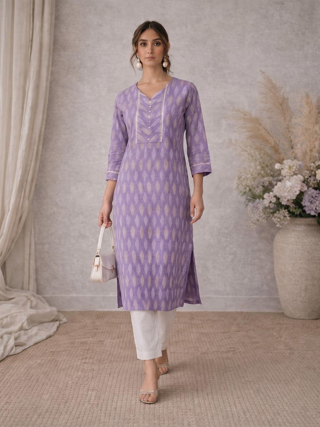 Cotton Ikat fabric straight kurta with woven stripe piping and handwork.