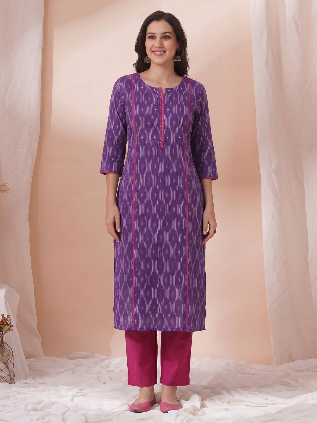 Ikat Straight Fit Kurta with Princess Panels, Piping & elegant handwork detailing.