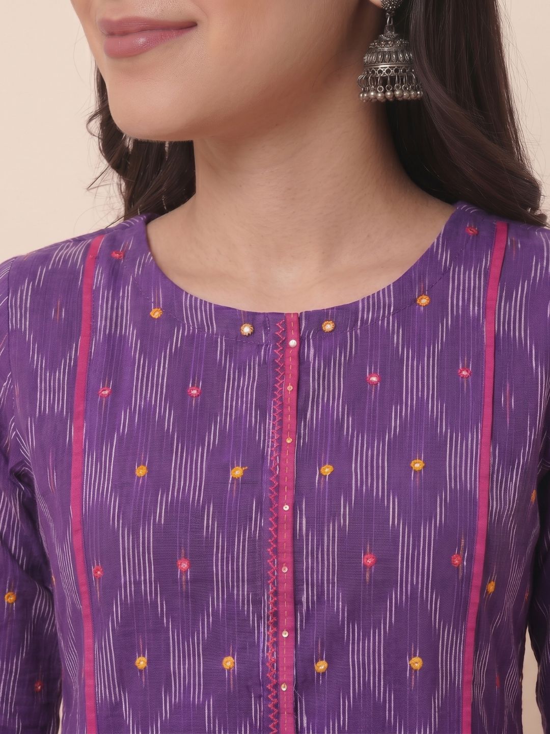 Ikat Straight Fit Kurta with Princess Panels, Piping & elegant handwork detailing.