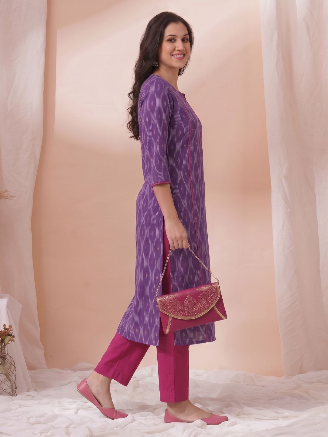 Ikat Straight Fit Kurta with Princess Panels, Piping & elegant handwork detailing.