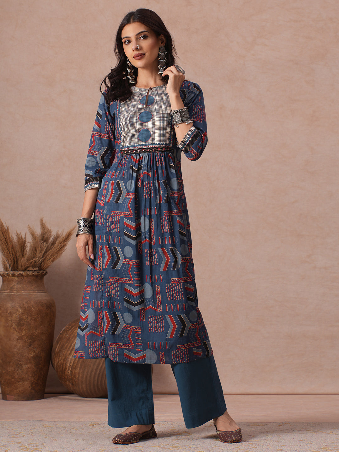 Straight Fit Cotton Kurta in Woven Stripe Detailing with Block Print & Handwork Detail.