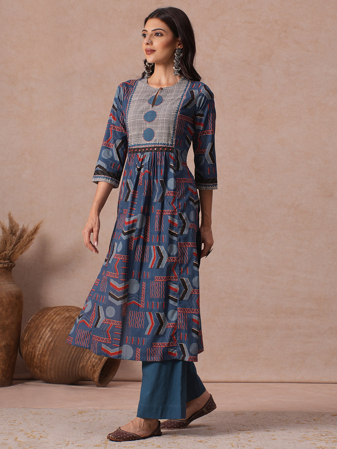 Straight Fit Cotton Kurta in Woven Stripe Detailing with Block Print & Handwork Detail.