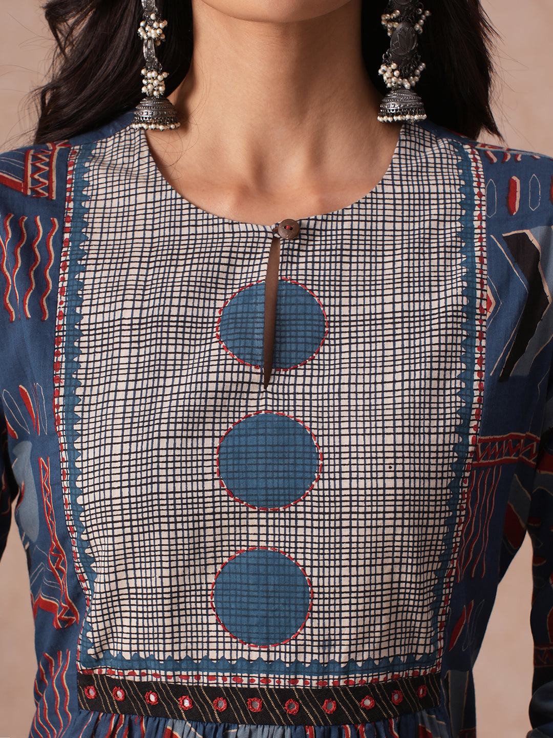 Straight Fit Cotton Kurta in Woven Stripe Detailing with Block Print & Handwork Detail.
