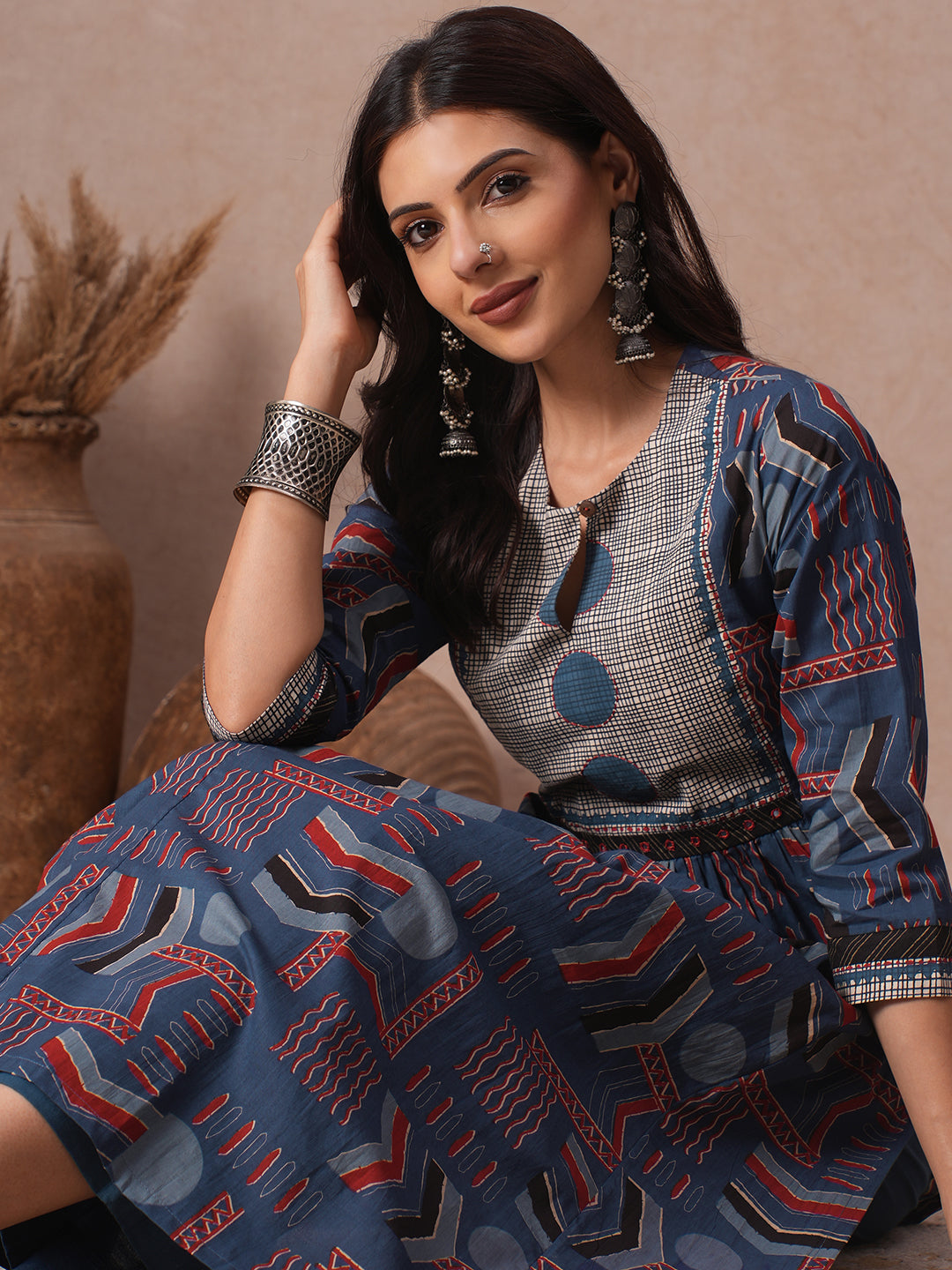 Straight Fit Cotton Kurta in Woven Stripe Detailing with Block Print & Handwork Detail.