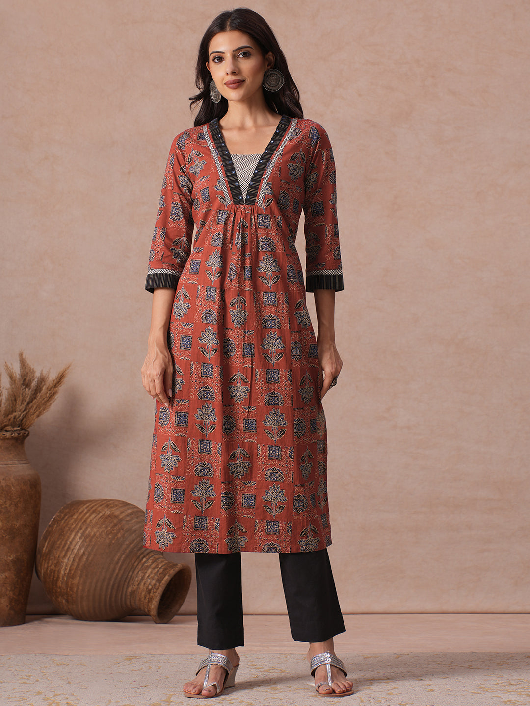 Cotton Straight Fit Kurta with Handblock Print, Mirror Handwork & Stripe Trim.