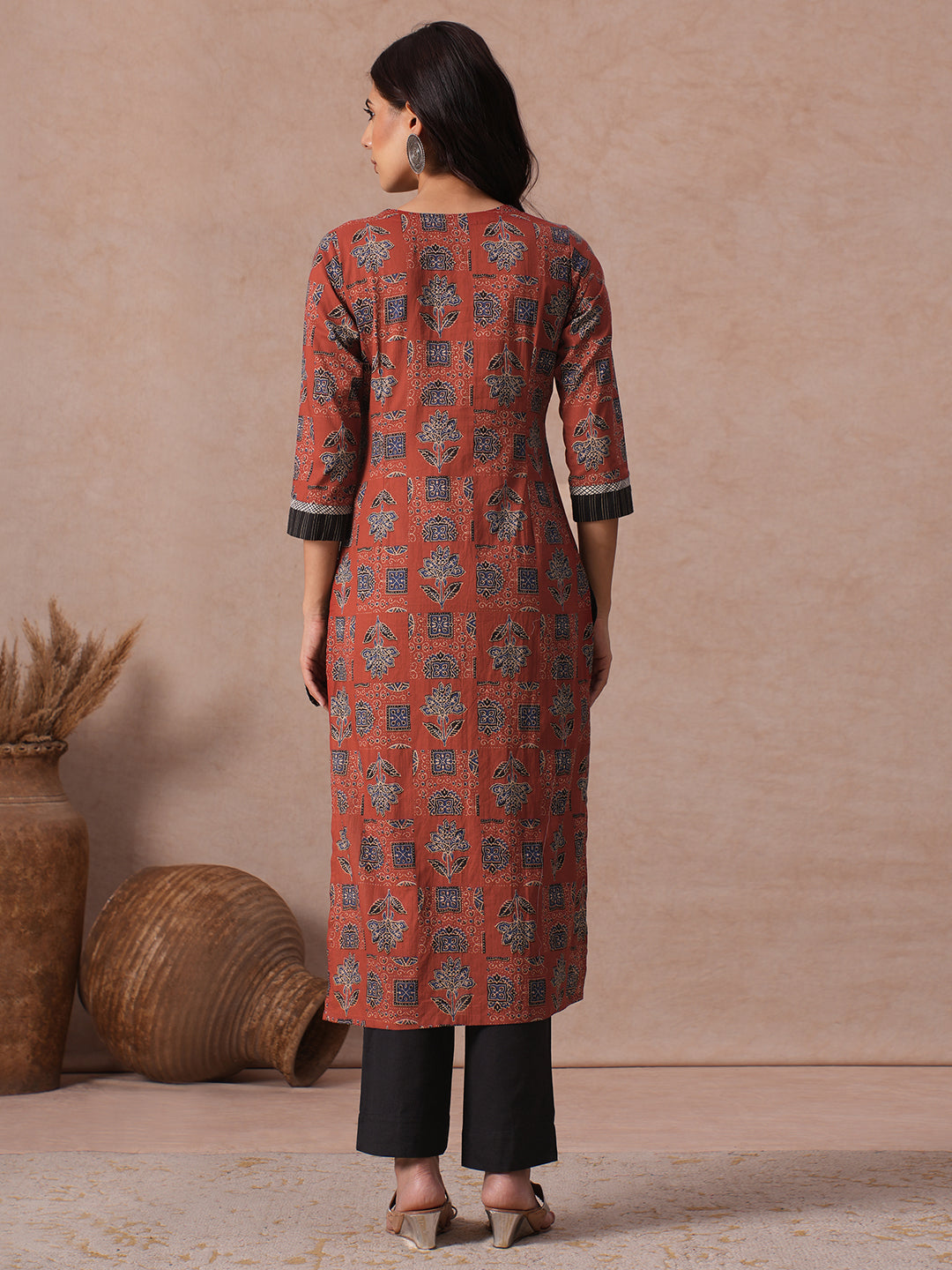 Cotton Straight Fit Kurta with Handblock Print, Mirror Handwork & Stripe Trim.