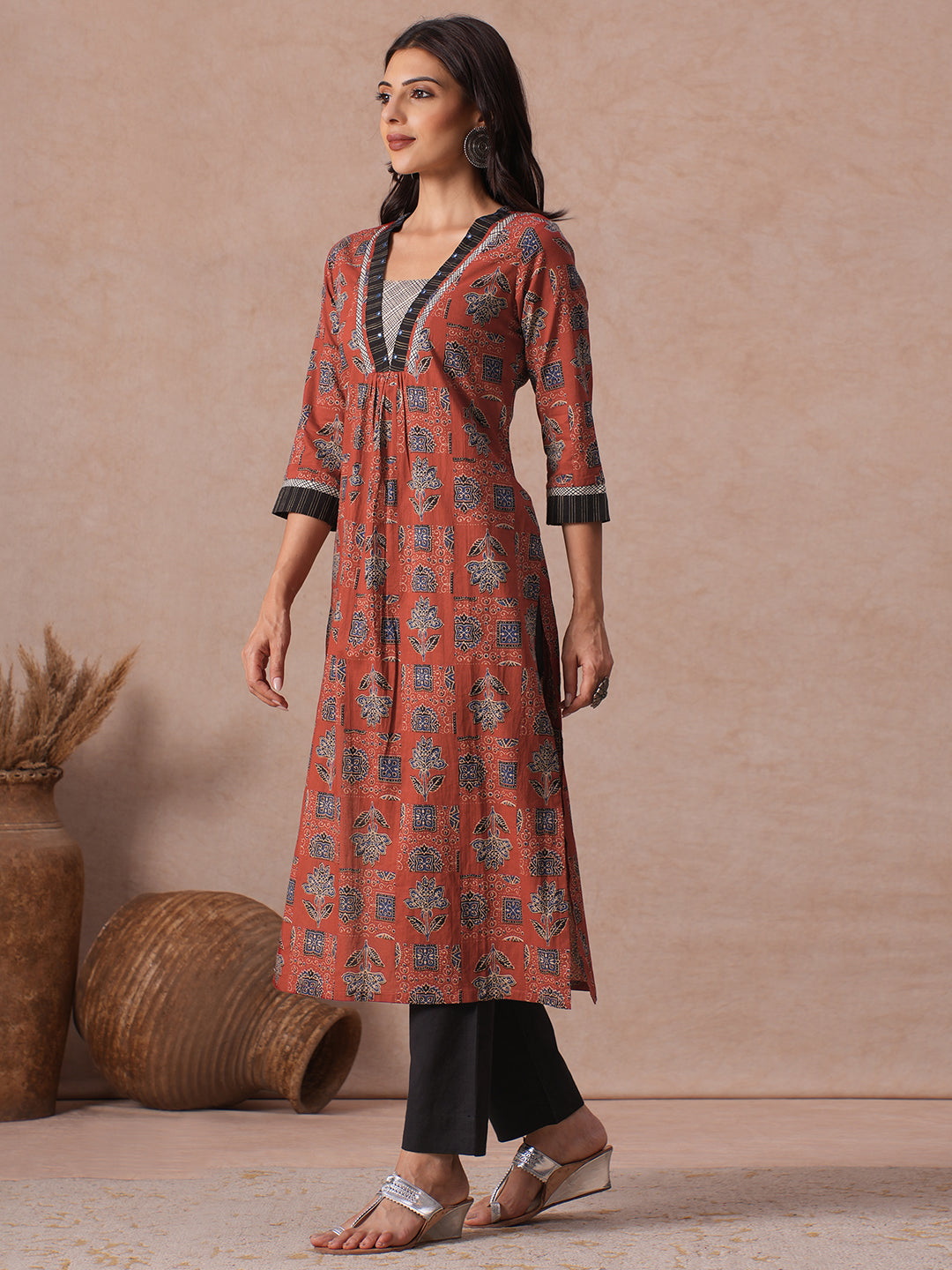 Cotton Straight Fit Kurta with Handblock Print, Mirror Handwork & Stripe Trim.