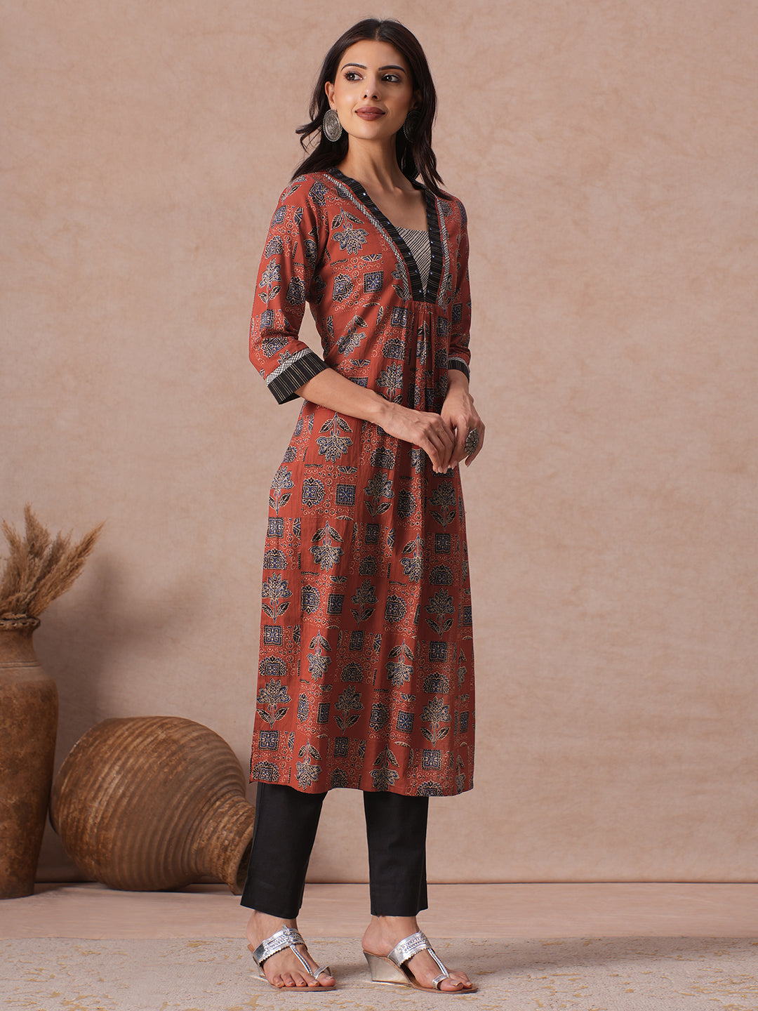 Cotton Straight Fit Kurta with Handblock Print, Mirror Handwork & Stripe Trim.