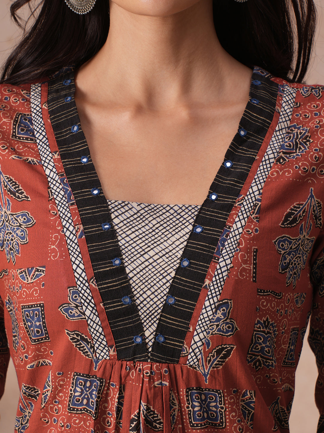Cotton Straight Fit Kurta with Handblock Print, Mirror Handwork & Stripe Trim.