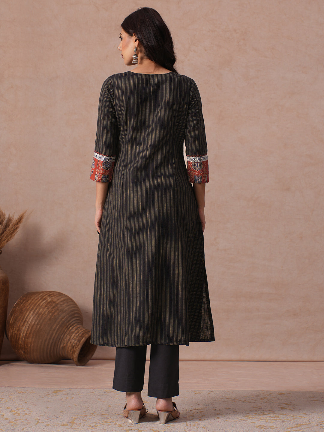 A-Line Woven Kurta with Printed Yoke, Cuffs, Checks Trim and Handwork Detail.
