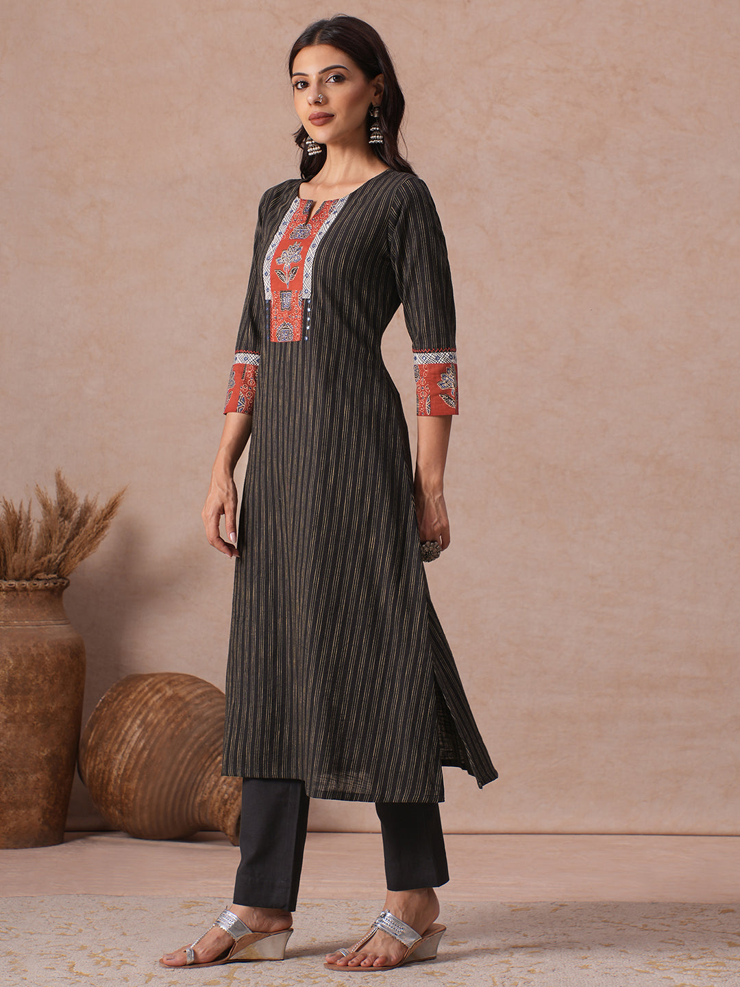 A-Line Woven Kurta with Printed Yoke, Cuffs, Checks Trim and Handwork Detail.