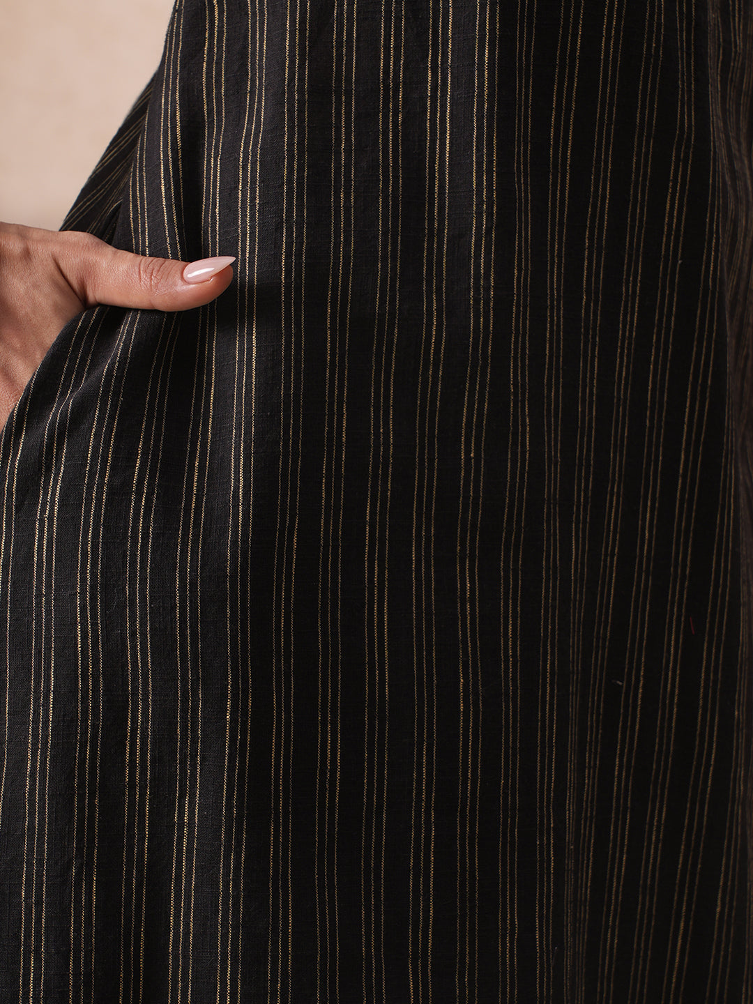 A-Line Woven Kurta with Printed Yoke, Cuffs, Checks Trim and Handwork Detail.