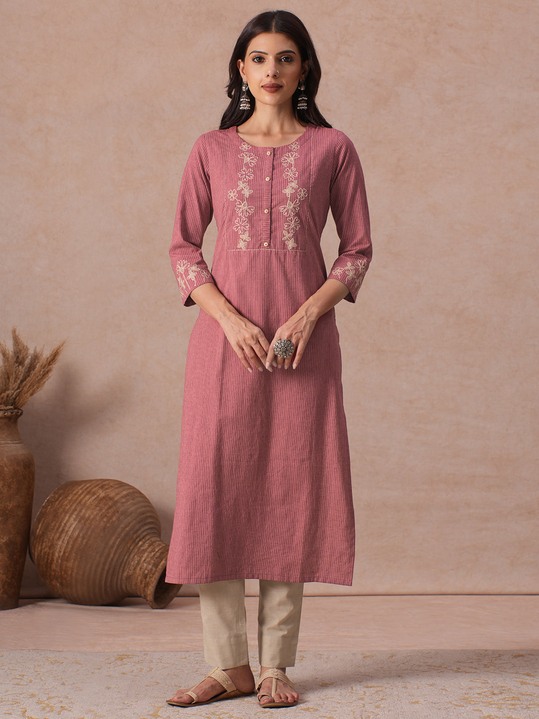 Straight Fit Cotton Kurta with Cordwork Floral Embroidery on Yoke and Sleeves.