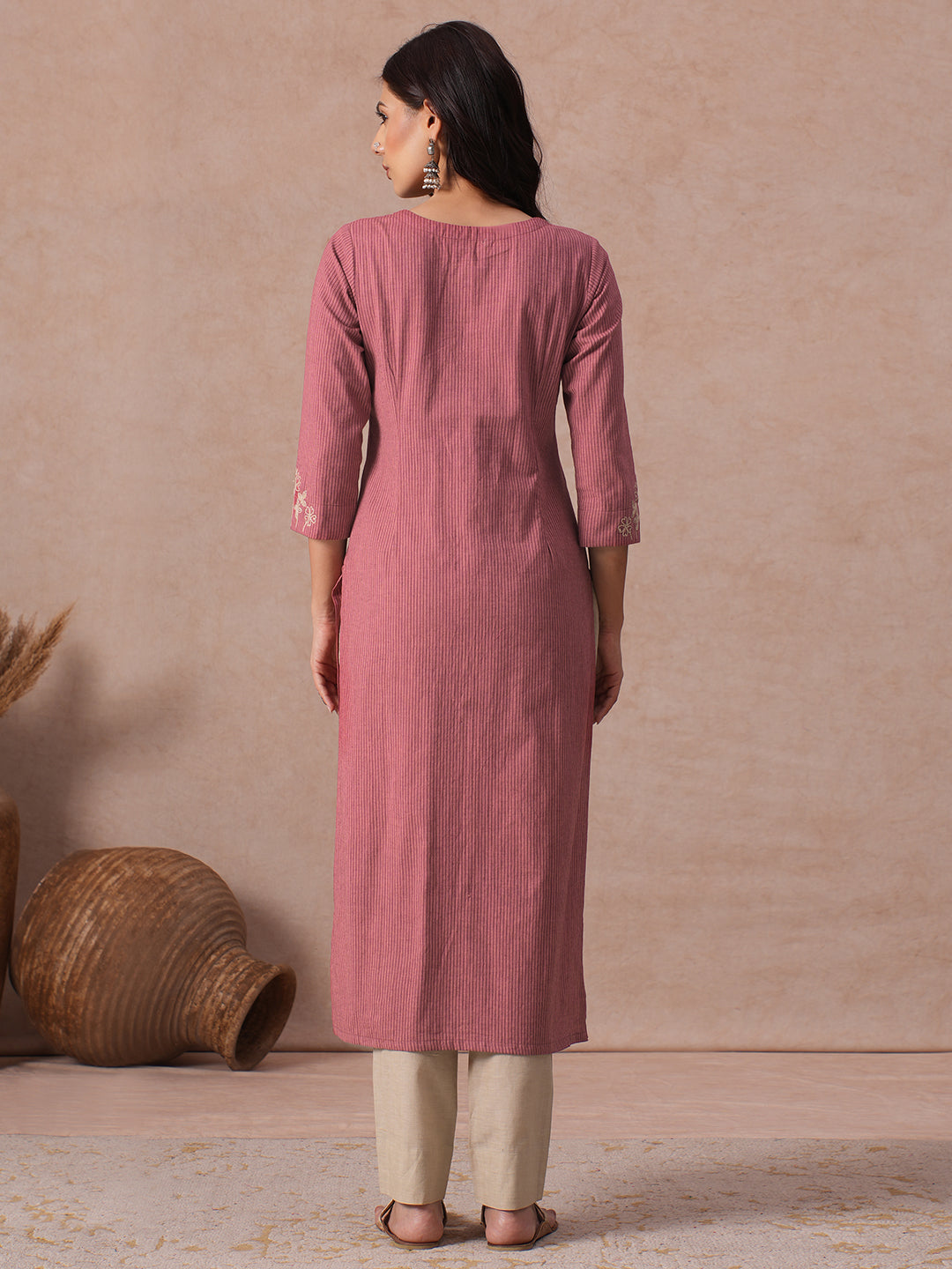 Straight Fit Cotton Kurta with Cordwork Floral Embroidery on Yoke and Sleeves.