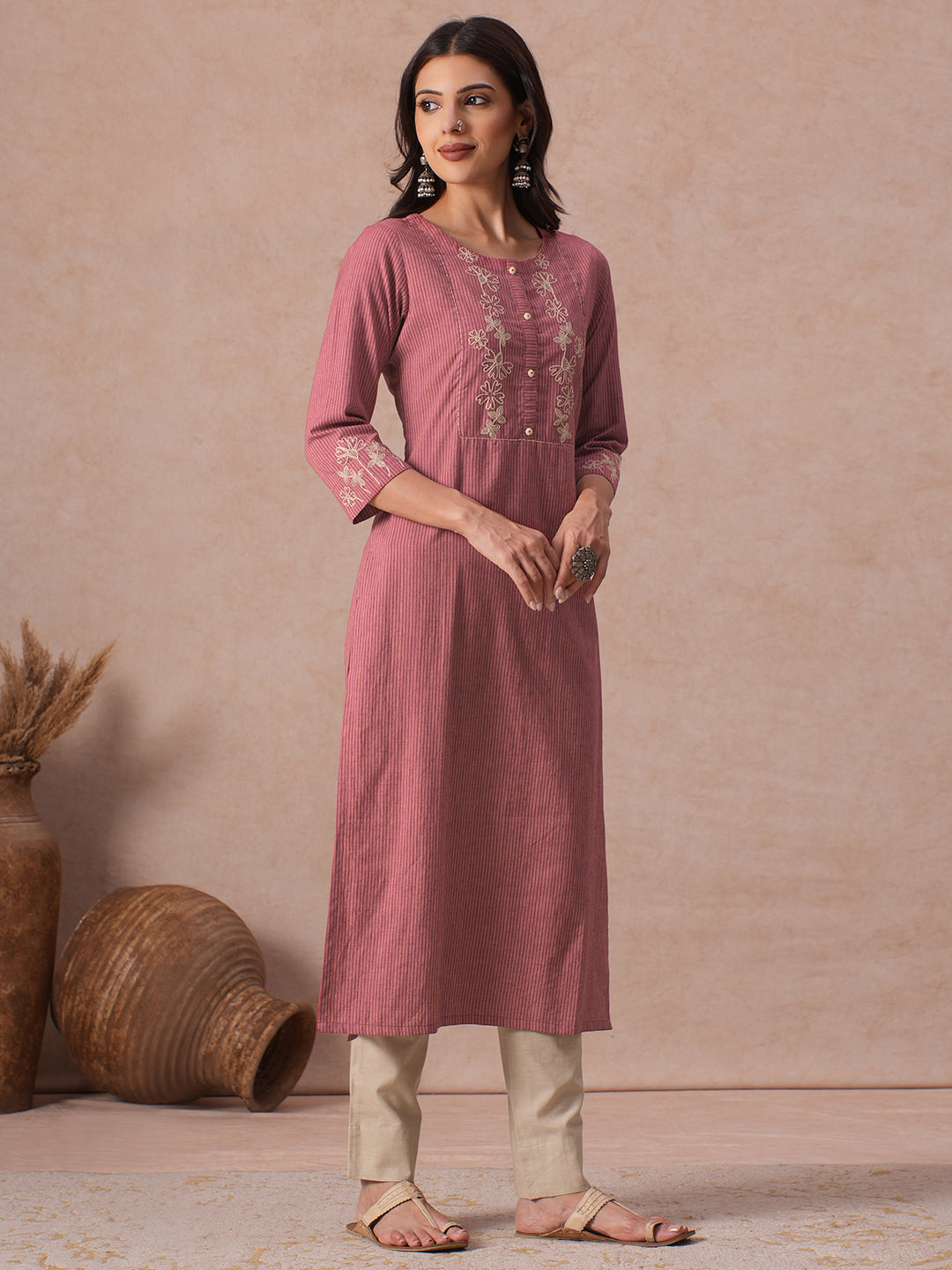 Straight Fit Cotton Kurta with Cordwork Floral Embroidery on Yoke and Sleeves.