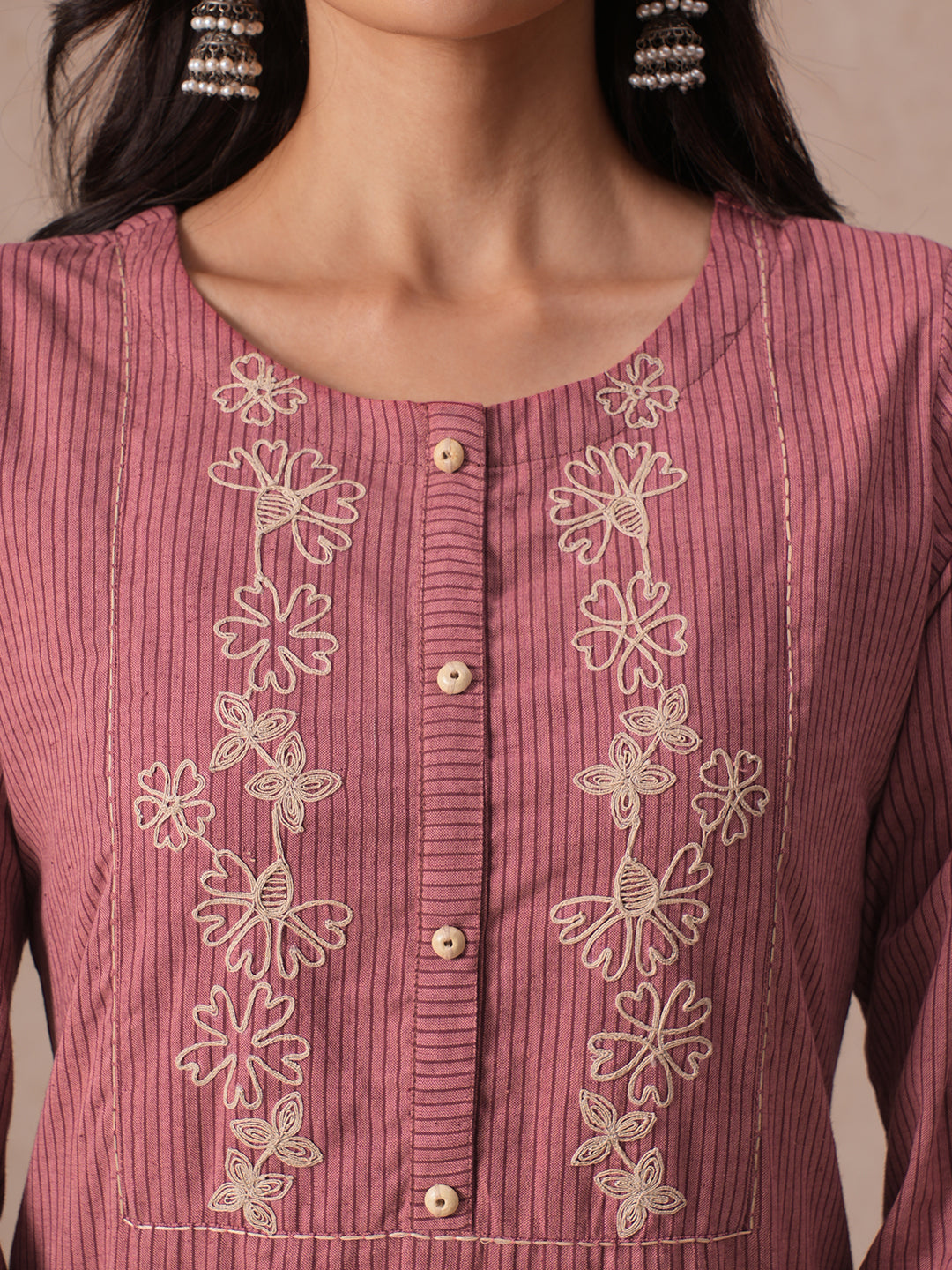 Straight Fit Cotton Kurta with Cordwork Floral Embroidery on Yoke and Sleeves.