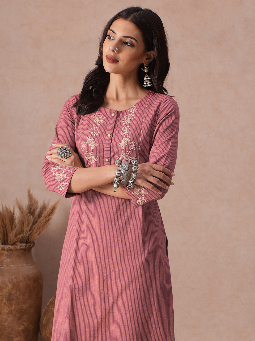 Straight Fit Cotton Kurta with Cordwork Floral Embroidery on Yoke and Sleeves.