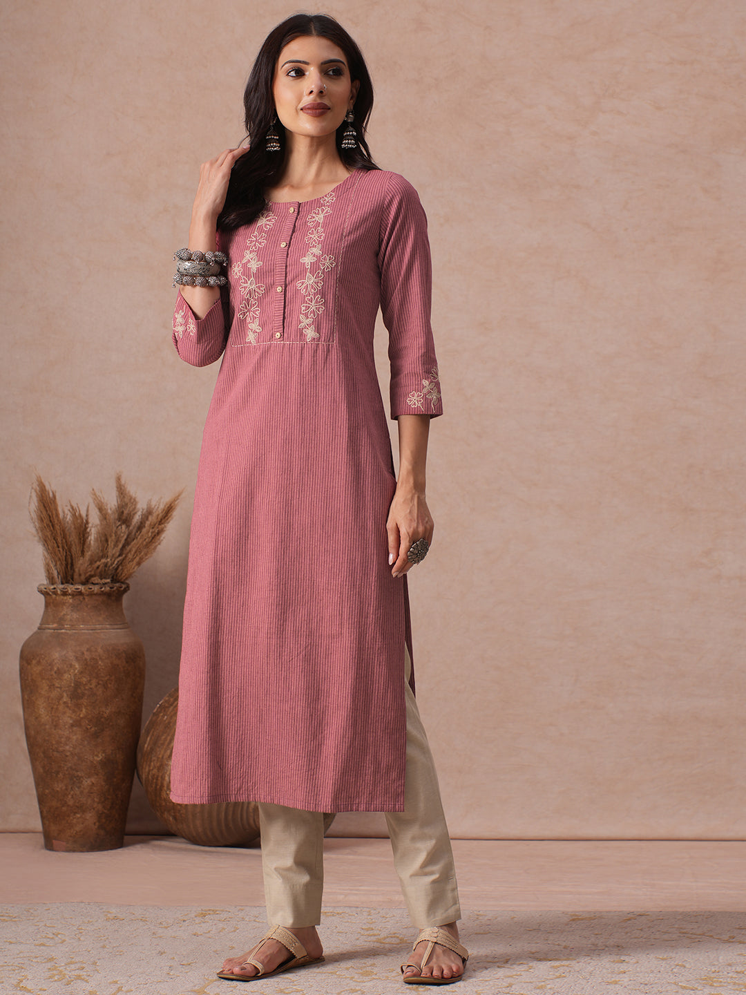 Straight Fit Cotton Kurta with Cordwork Floral Embroidery on Yoke and Sleeves.
