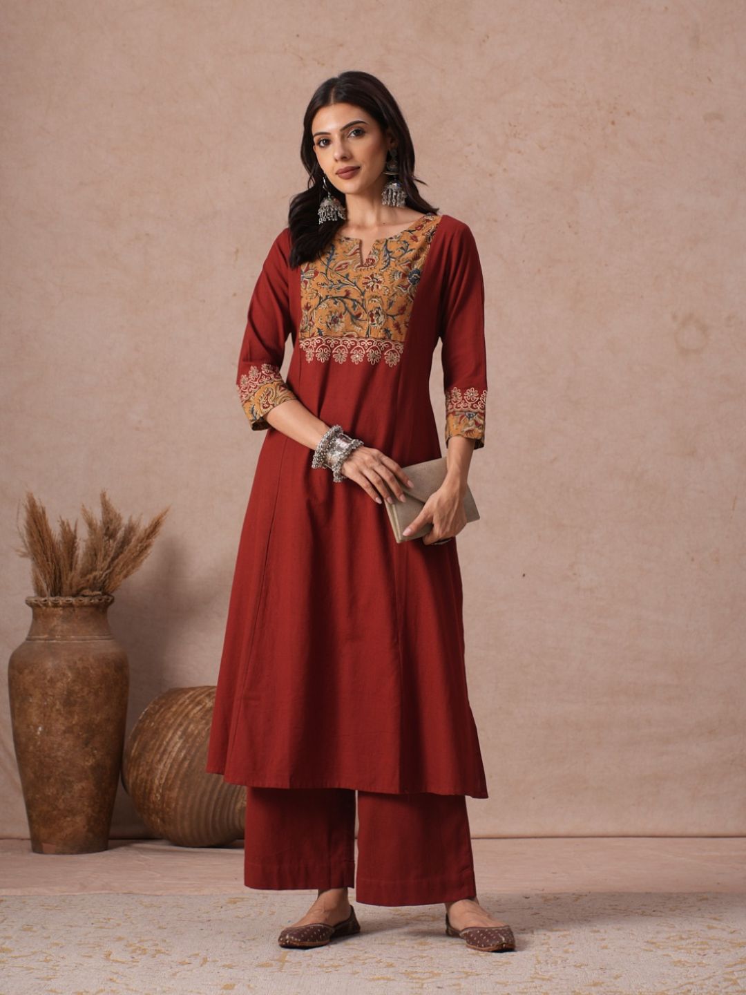 A-Line Cotton Kurta with Kalamkari Cutwork Yoke, Cuffs and Cordwork Detail.