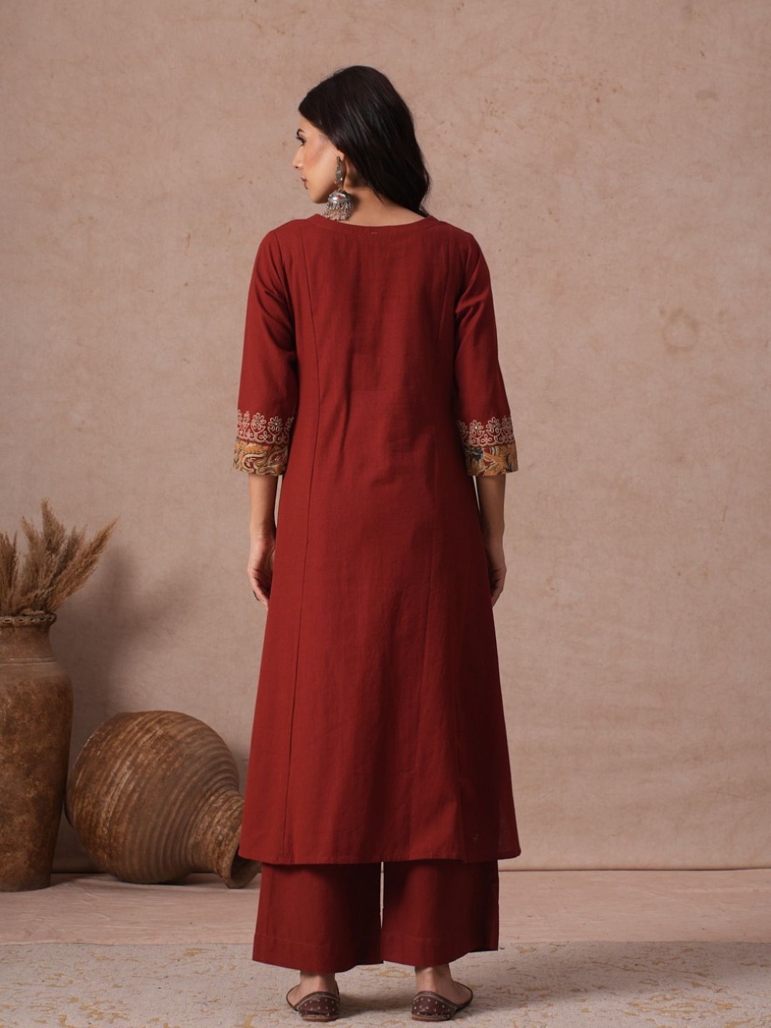A-Line Cotton Kurta with Kalamkari Cutwork Yoke, Cuffs and Cordwork Detail.