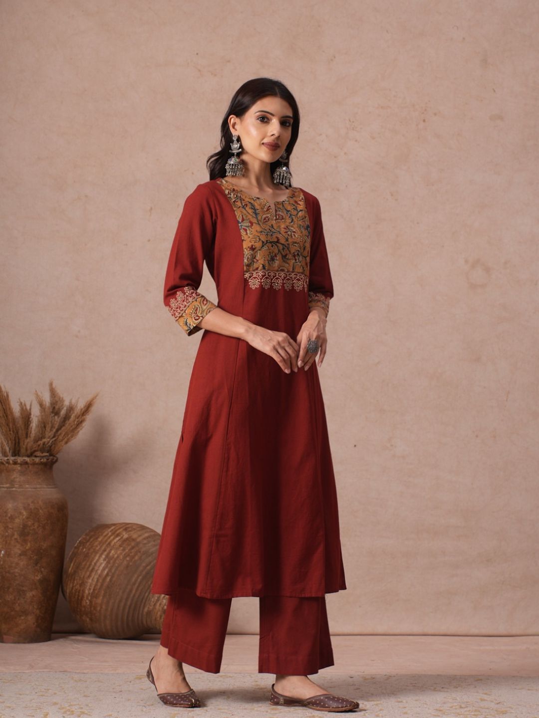 A-Line Cotton Kurta with Kalamkari Cutwork Yoke, Cuffs and Cordwork Detail.