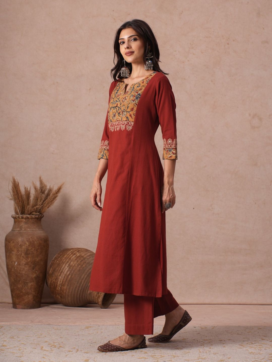 A-Line Cotton Kurta with Kalamkari Cutwork Yoke, Cuffs and Cordwork Detail.