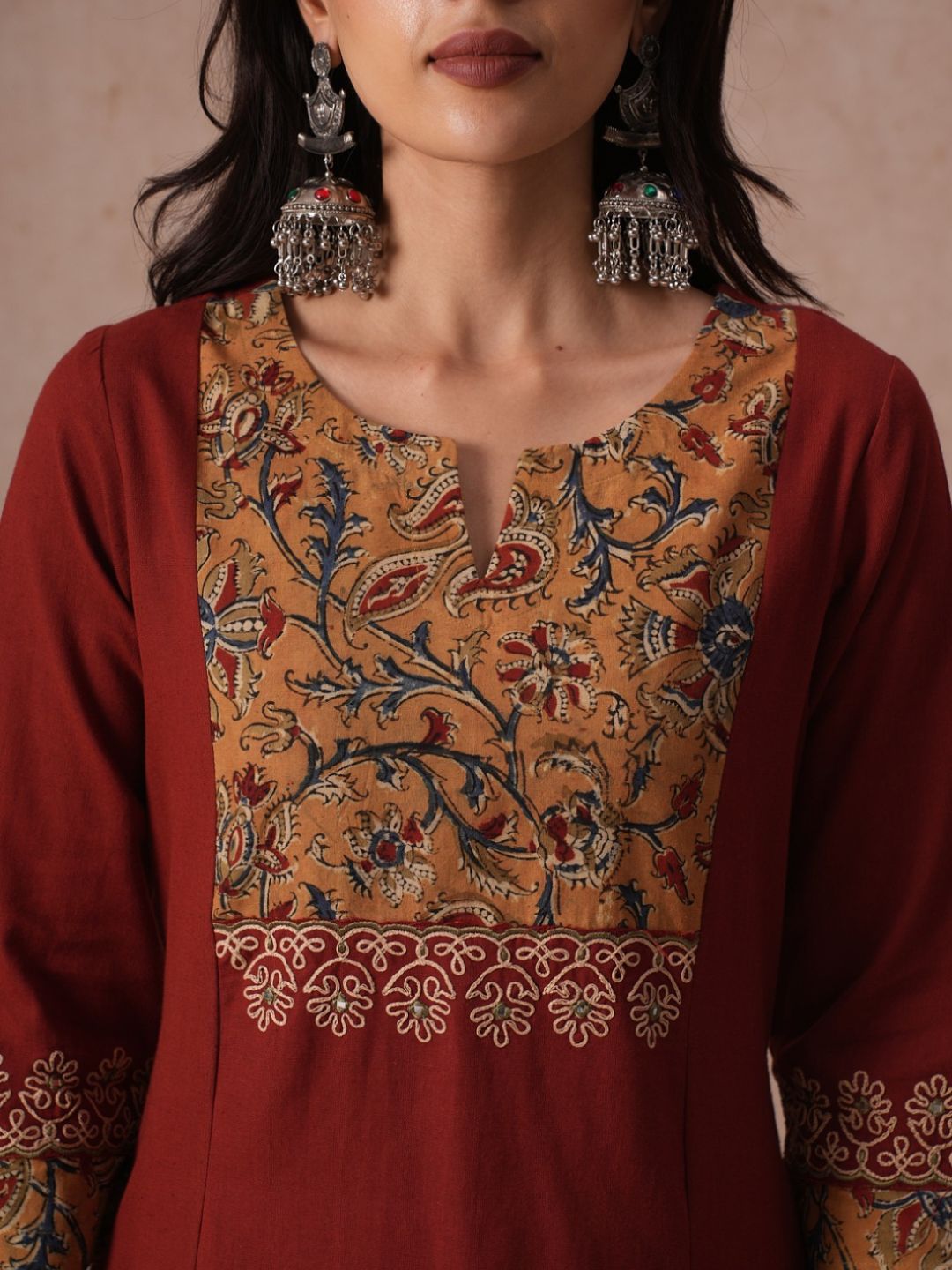 A-Line Cotton Kurta with Kalamkari Cutwork Yoke, Cuffs and Cordwork Detail.