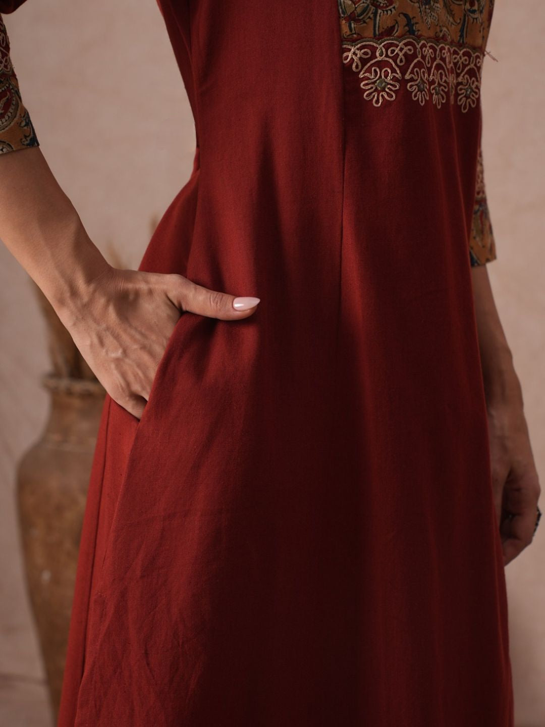 A-Line Cotton Kurta with Kalamkari Cutwork Yoke, Cuffs and Cordwork Detail.