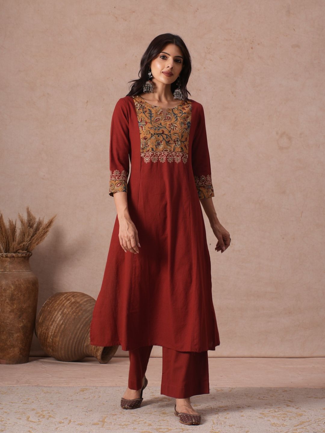 A-Line Cotton Kurta with Kalamkari Cutwork Yoke, Cuffs and Cordwork Detail.