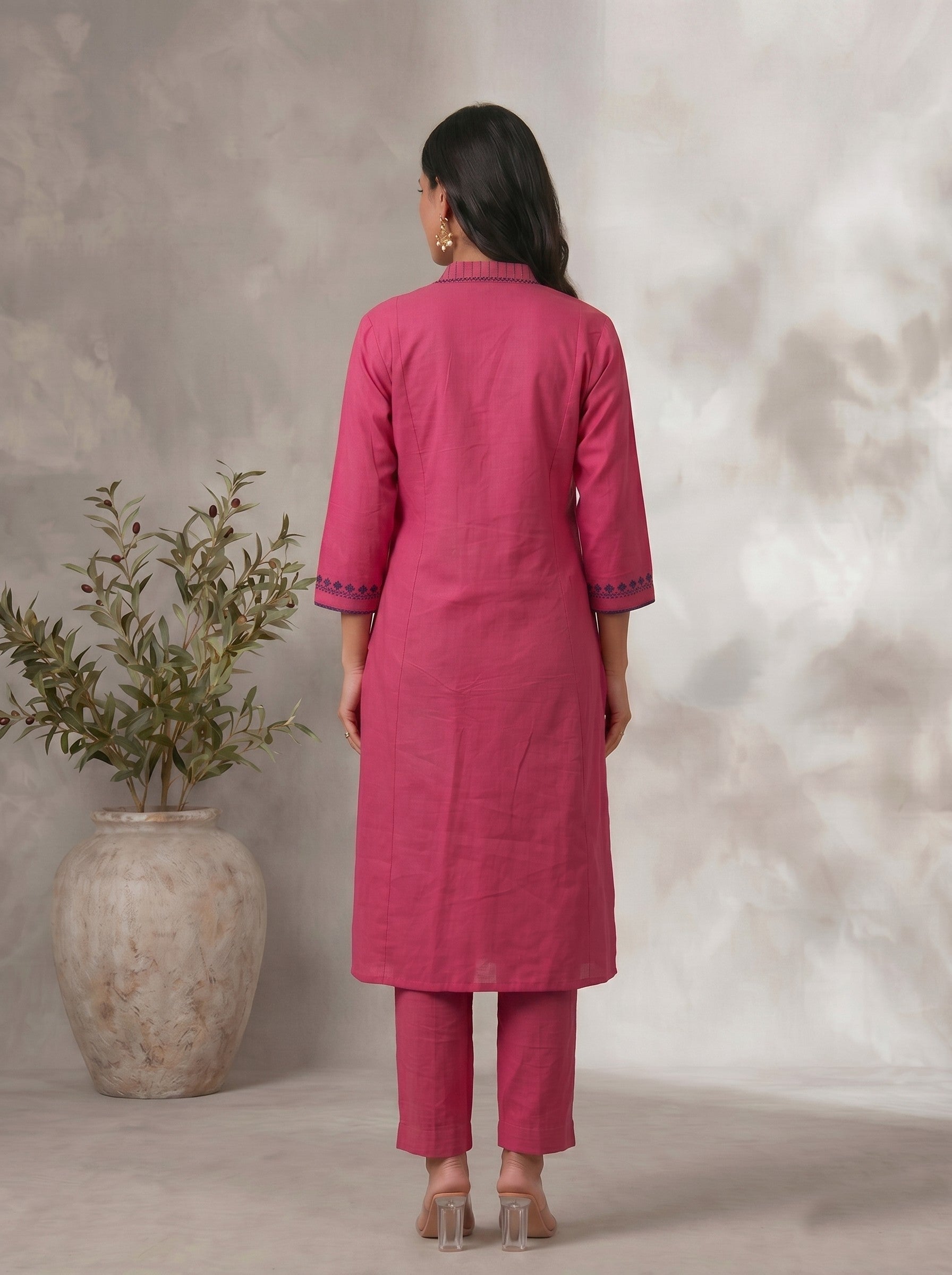 Solid Pink Embroidered V-Neck Kurta Set with Matching Straight Pants and Elegant Detailing.
