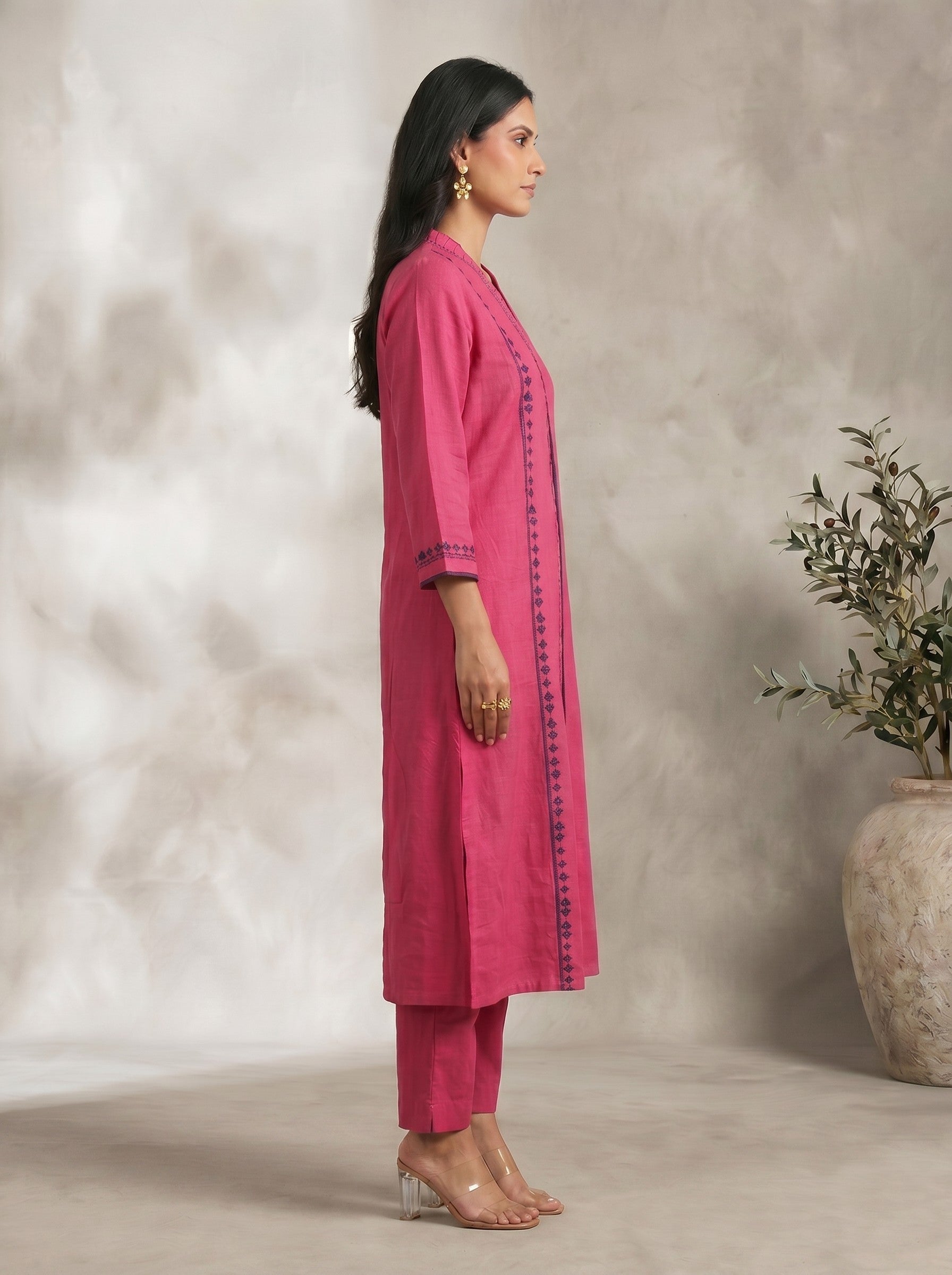 Solid Pink Embroidered V-Neck Kurta Set with Matching Straight Pants and Elegant Detailing.