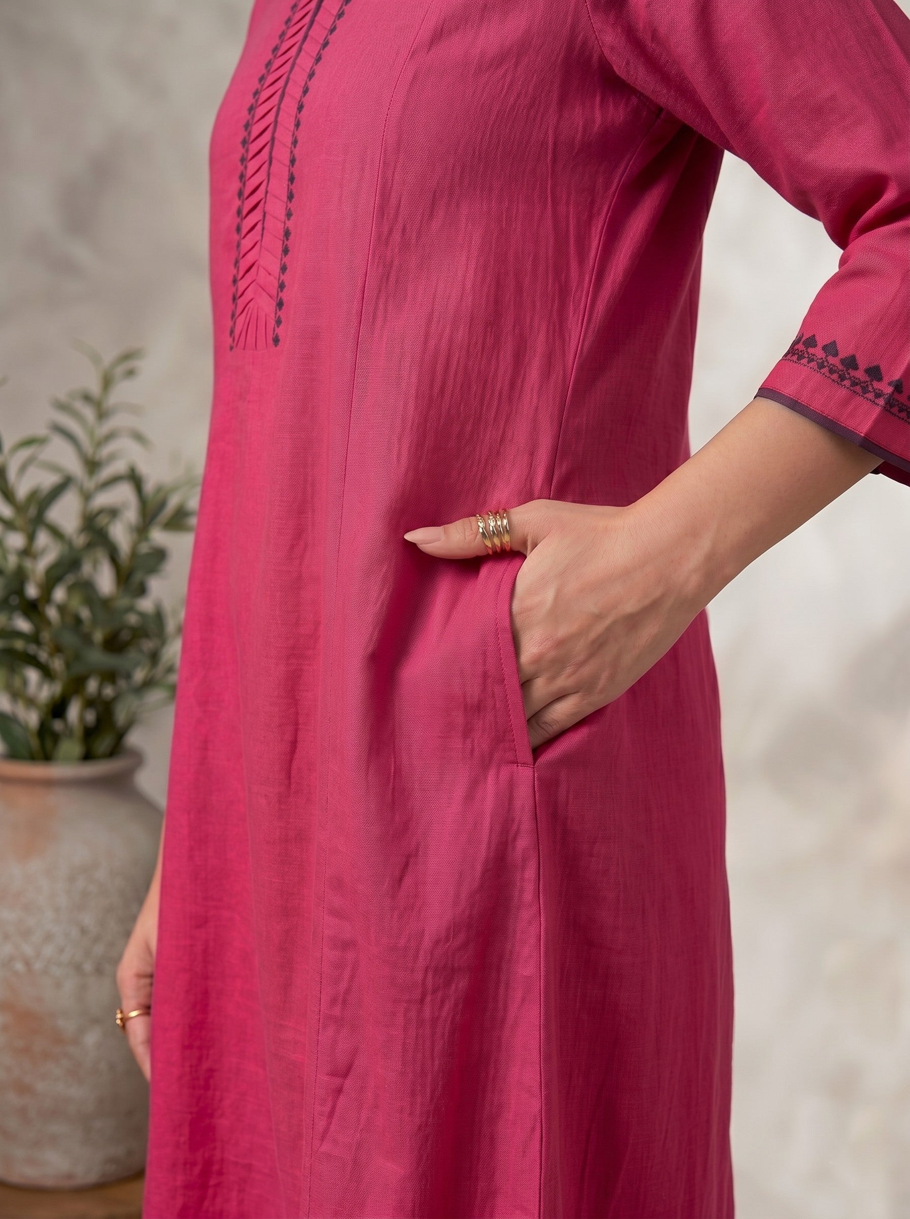 Solid Pink Embroidered V-Neck Kurta Set with Matching Straight Pants and Elegant Detailing.
