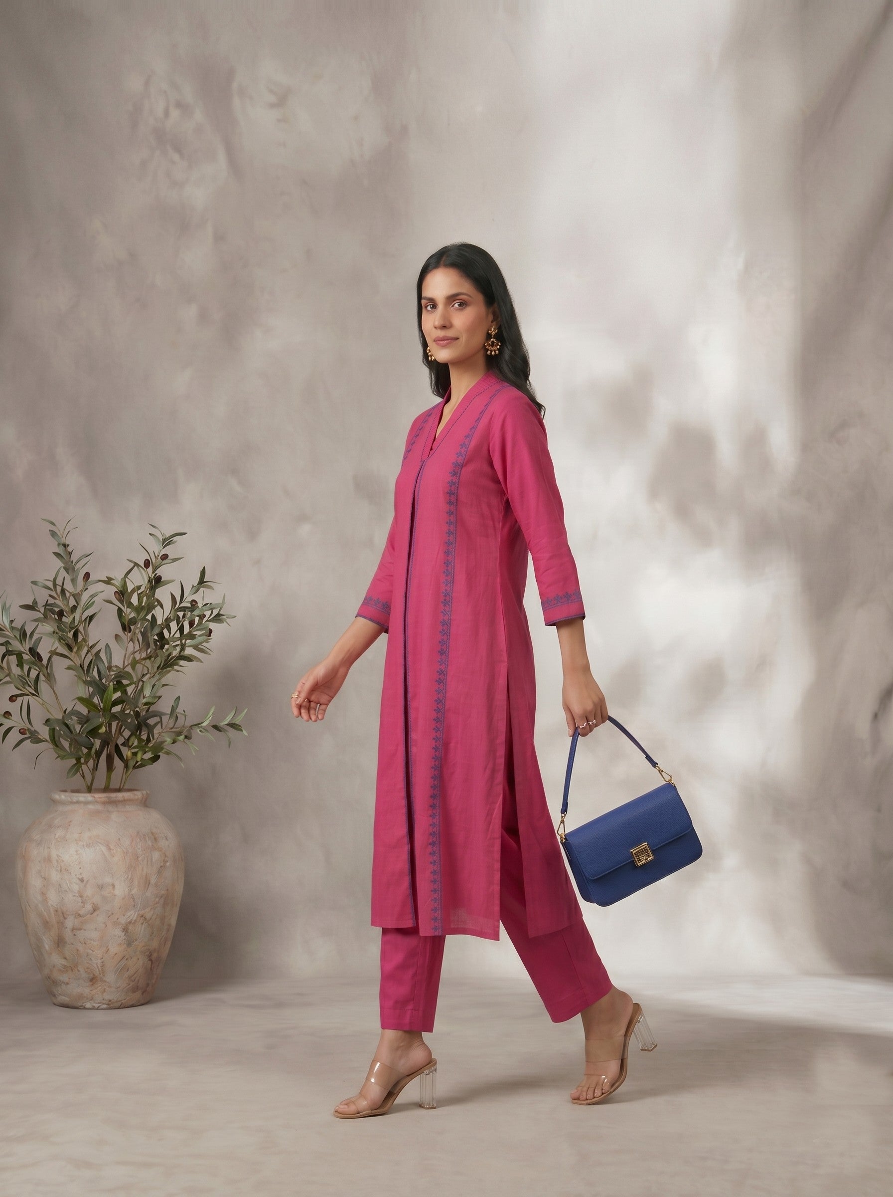 Solid Pink Embroidered V-Neck Kurta Set with Matching Straight Pants and Elegant Detailing.