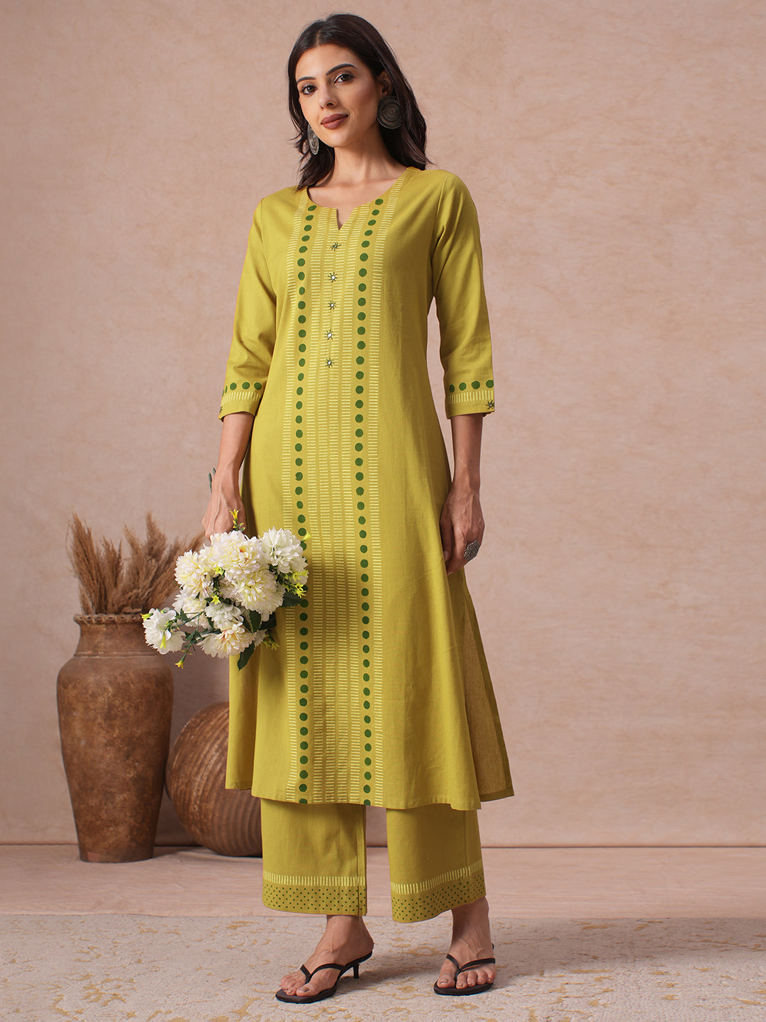 A-Line Cotton Flex Kurta Set with Hand Block Print, Mirror Work & Matching Palazoo.