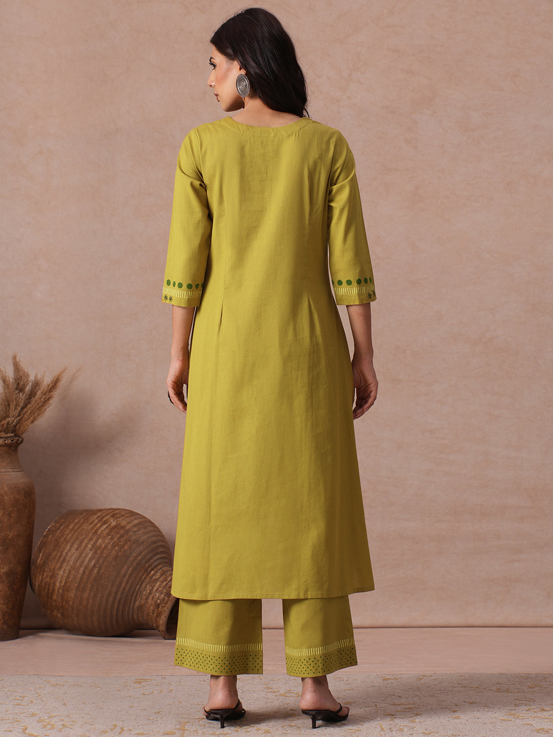 A-Line Cotton Flex Kurta Set with Hand Block Print, Mirror Work & Matching Palazoo.
